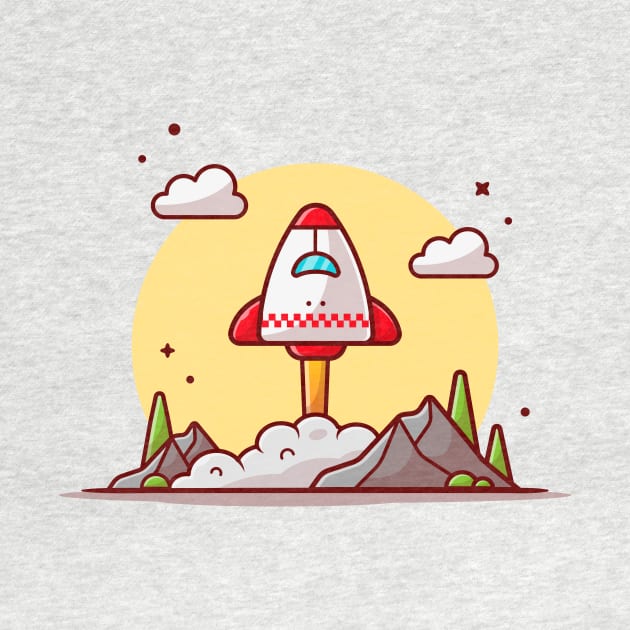 Space Shuttle Taking Off with Clouds, Mountain and Tree Space Cartoon Vector Icon Illustration by Catalyst Labs